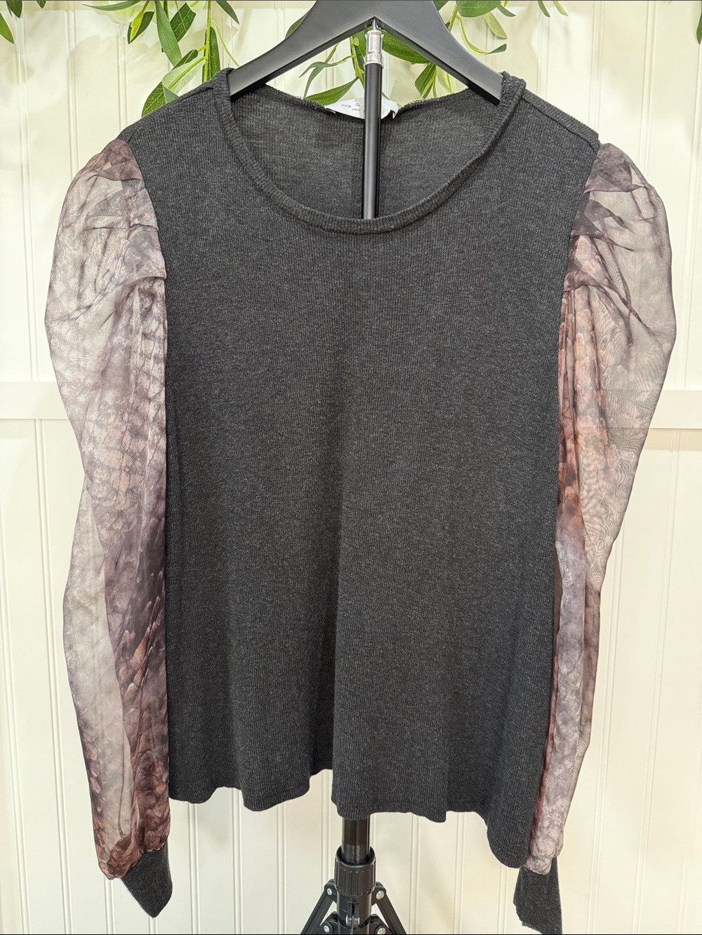 #956 LOLA & SOPHIE Charcoal Ribbed Top with Patterned Sheer Puff Sleeves
